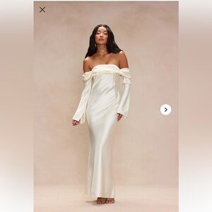 Fashion Nova Cream Off-Shoulder Maxi Dress